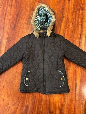 Pink Platinum Black Quilted Hooded Jacket with Faux-Fur Trim